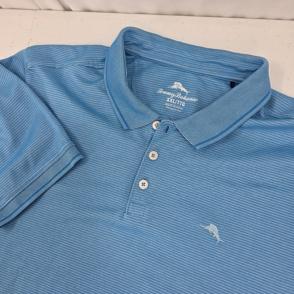 Tommy Bahama Short Sleeved Blue Striped Marlin Logo Festival Polo Mens Size 2XL.